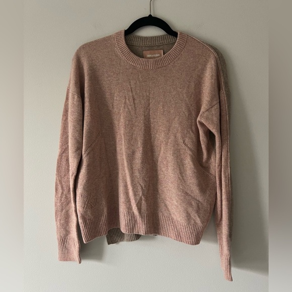 Zadig & Voltaire Gaby C 100% Cashmere Two-Tone Crew Sweater Peach Tan Size Small - Picture 2 of 5